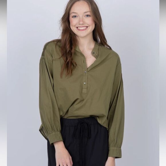 Xirena Slater Top in Bay Leaf Green Poplin 1/4 Bottom Blouse Women’s SIZE XL - Picture 1 of 14